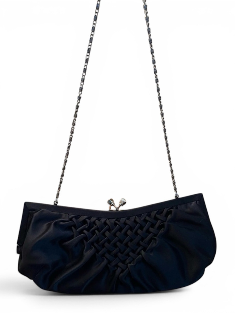 White Black Satin Kiss Lock Evening Clutch/Shoulder Bag with Chain